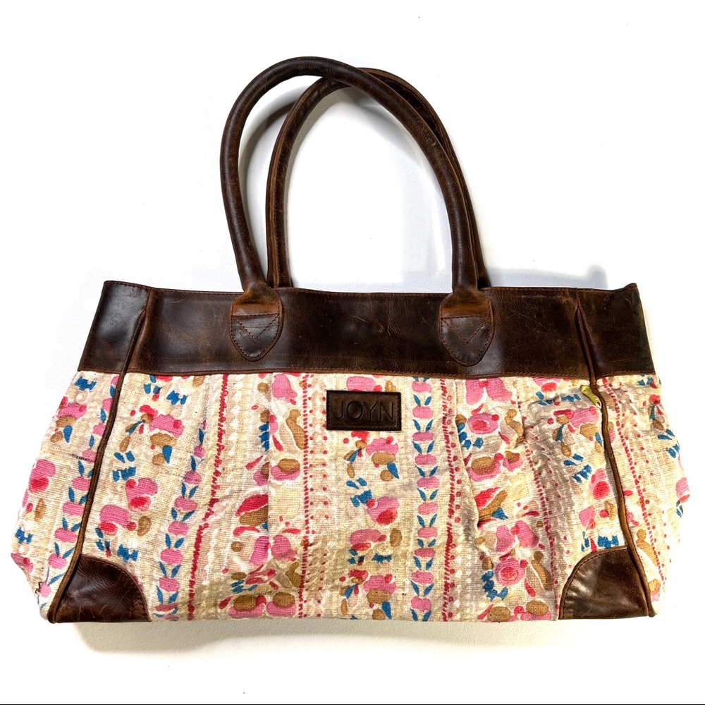 JOYN brown leather and floral tapestry bag purse